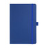 A blue journal with a elastic band closure and a small tab. It has a logo on the front cover.