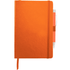 An orange journal with a pen attached, featuring a textured cover and an elastic closure.