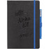 A black journal notebook with an embossed design and a blue pen attached. It features a colour-coordinated elastic band.
