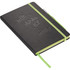 A black bound journal with embossed text, featuring a bright green elastic closure and a contrasting inner page colour.
