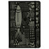 A black A5 hard cover notebook featuring intricate grey patterns and designs including fish, turtles, and abstract shapes.