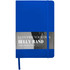 A blue A5 hard cover notebook with an elastic band and a belly band for customisation. It features a logo.