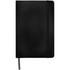 A black A5 hard cover notebook with a ribbon bookmark and an elastic closure, featuring a logo on the cover.