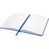 An A5 hard cover notebook with a blue cover and lined pages, featuring a ribbon bookmark and branding.