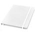 A white A5 hard cover notebook with an elastic band closure and a ribbon bookmark.