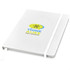 A white A5 hard cover notebook with an elastic band and a logo on the front.
