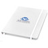 A white A5 hard cover notebook with an elastic closure and a logo on the front.