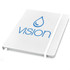 A white A5 hard cover notebook with a logo, featuring an elastic closure and a ribbon marker.
