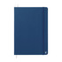 A navy hardcover notebook with a white ribbon bookmark and an elastic band, featuring a logo on the cover.