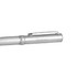 A silver ballpoint pen with a twisted design and a clip, featuring a branding element.
