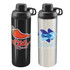 A drink bottle with a black matte finish featuring a red chili design and a silver bottle with a fish logo.