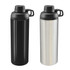 A drink bottle in black and silver metal finishes, featuring a screw-on lid and a handle for easy carrying.
