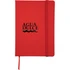 A red 5 x 7 notebook with an elastic closure and a ribbon bookmark, featuring a logo on the front.