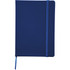 A navy blue notebook with a snap elastic closure and a matching ribbon bookmark. It has a logo on the cover.