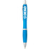 A blue plastic pen featuring a silver clip and grip, with a logo on the barrel.