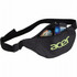 A black hipster budget fanny pack with a logo, featuring items like sunglasses and a phone inside.