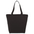 A black cotton tote bag with two shoulder straps and a zippered top, featuring a logo.