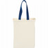 A natural cotton grocery tote bag in cream with blue handles, featuring a simple design and a logo.