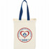A natural cotton grocery tote in cream with blue handles and a logo featuring a heart and diamond design.