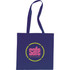 A navy tote bag with long handles and a circular logo in pink and green. Made of 100% cotton.