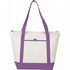 A tote cooler bag featuring a white body with purple straps and a purple bottom. It has a front pocket and a zipper closure.