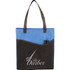 A blue and black non-woven tote bag featuring a pocket at the front and shoulder straps, with a logo on the side.