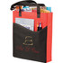 A red and black non-woven tote bag with various items, including papers and pens, and a logo on the front.