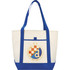 A cream and blue tote bag featuring a logo on the front and blue handles. Ideal for carrying various items.