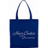 A navy blue non-woven tote bag with long handles and a logo on the front.