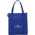 A blue insulated grocery tote with two handles and a logo on the front.