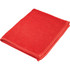 A red gym towel, neatly folded, with a border trim and a logo. Suitable for leisure and outdoor activities.