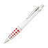 A metal pen with a white barrel and red patterned accents, featuring a chrome clip and tip.