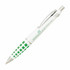A metal pen with a white barrel and green accents, featuring a logo on the side.