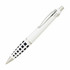 A metal pen in white and black, featuring a patterned design and a chrome clip. It has a logo on the body.