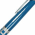 A metal pen in vibrant blue with a silver clip and grip, featuring branding on the barrel.