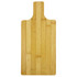 A bamboo paddle board with a smooth, natural finish and a handle, ideal for kitchen use. It has a logo.
