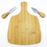 A bamboo cheeseboard with two wooden-handled cheese knives. The set includes a knife and a fork.