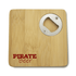 A square bamboo coaster featuring a bottle opener, with a dark red logo design.