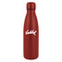 A drink bottle in a matte red finish, featuring a sleek design and a logo.