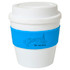 A drink cup with a white body and blue silicone sleeve, featuring a logo.