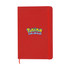 A red A5 notebook featuring a logo on the cover, with an elastic closure.