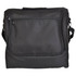 A black picnic basket with a zipped front pocket and an adjustable strap. It features a compact and sturdy design.