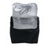 A black picnic basket with a silver insulated lining, featuring a pocket at the back. Includes a logo.