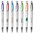 A collection of white plastic pens with varied coloured grips and metal tips, featuring different logos.