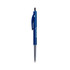 A blue plastic pen with a clip and silver tip, featuring a logo on the barrel.