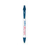 A blue and white Eco Widebody Pen with a logo, featuring a click top and a smooth barrel for writing.