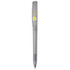 A grey plastic pen with a transparent barrel and a logo on the side.