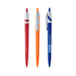 Three plastic pens in red, orange, and blue, featuring silver accents and varying designs. One pen has a logo.