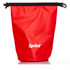 A red dry bag with a black strap, featuring a logo on the front.