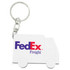 A white keychain shaped like a delivery truck, featuring a logo.